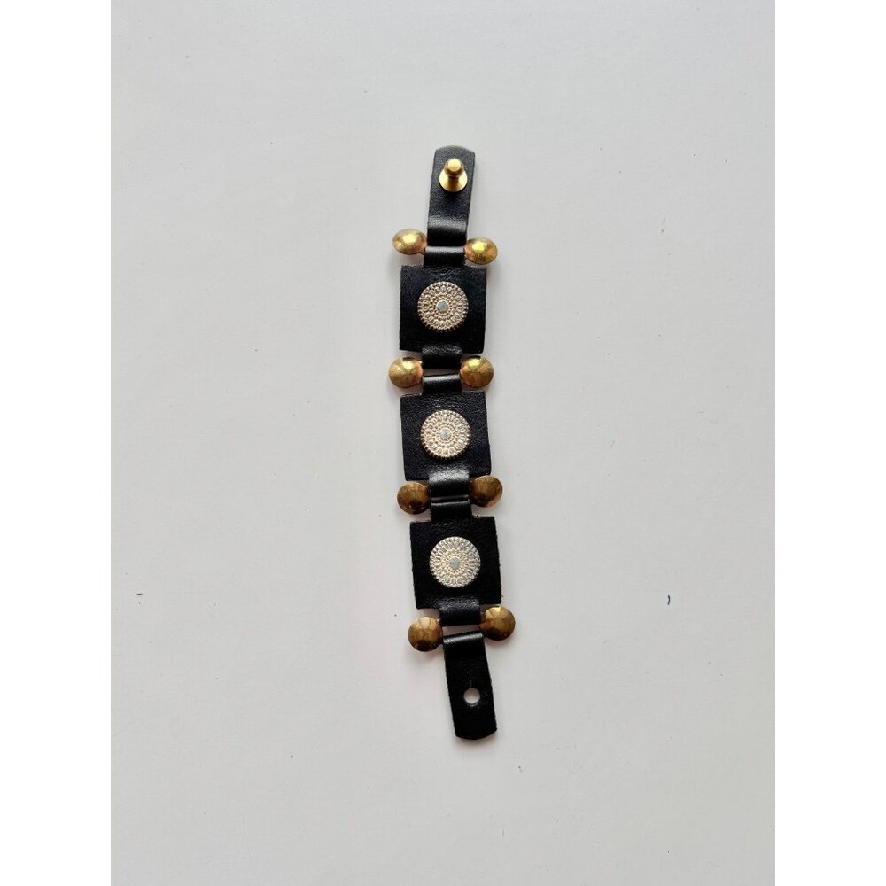 BRAVE CANADA Black Leather Brass Copper Embellished Medallion Cuff Bracelet
